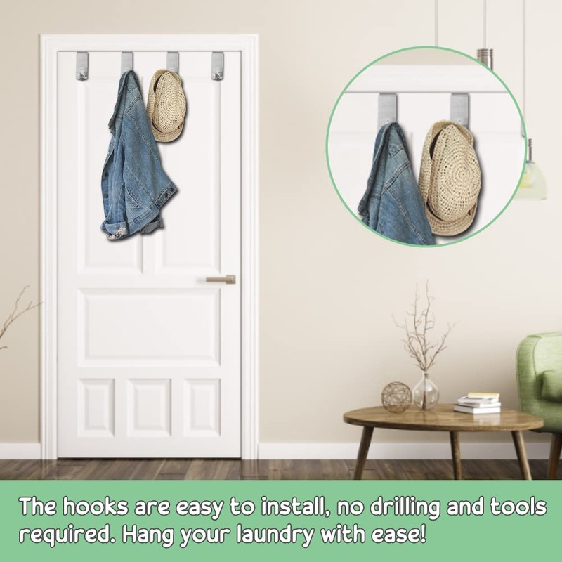 CODIRATO 4 PCS Over Door Hooks Stainless Steel Reversible Hooks