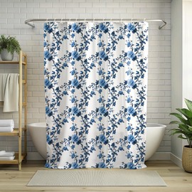 LOVOUS Vintage Floral Fabric Shower Curtain, 72 x 72 Blue Flower Shower Curtain for Bathroom - Farmhouse Fabric Bathroom Curtain with 12 Hooks Bath Home Decor