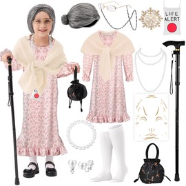 100 Days of School Old Lady Costume Set Grandma Dress Up Cosplay Accessories for Girls 13PCS Apricot M