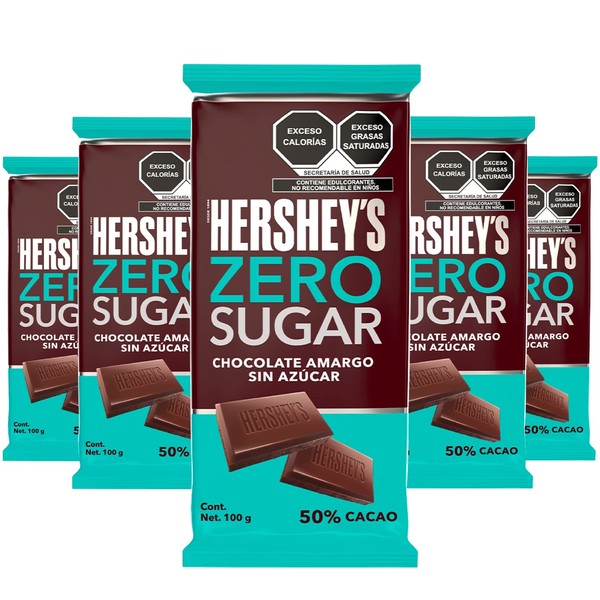 HERSHEY'S - Zero Sugar, Chocolate Amargo sin Azúcar, 50% Cacao, Barra de Chocolate, Chocolate Especial, Chocolate Amargo, Especial para Regalo, Pack 5, 5x100 g