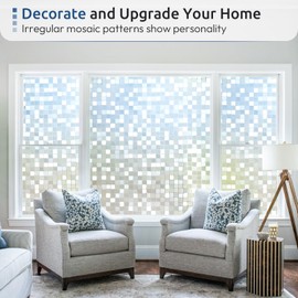 rabbitgoo Window Privacy Film Stained Glass Window Film, 3D Square Mosaic Decorative Static Cling Glass, Removable Vinyl UV Blocking Stickers for Home, 35.4 x 78.7 inches