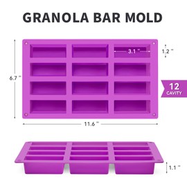 Puyeipt 12-Cavity Silicone Granola Bar Molds, 2 Pcs Candy Bar Molds Rectangle Protein Bar Molds for Baking Chocolate Bar, Cereal Bar, Cheesecake, Brownies