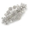 Medium Silver Tone Filigree Diamante Floral Barrette Hair Clip Grip