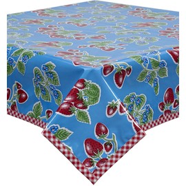 Freckled Sage Strawberry Light Blue Oilcloth Tablecloth with Red Gingham Trim You Pick The Size