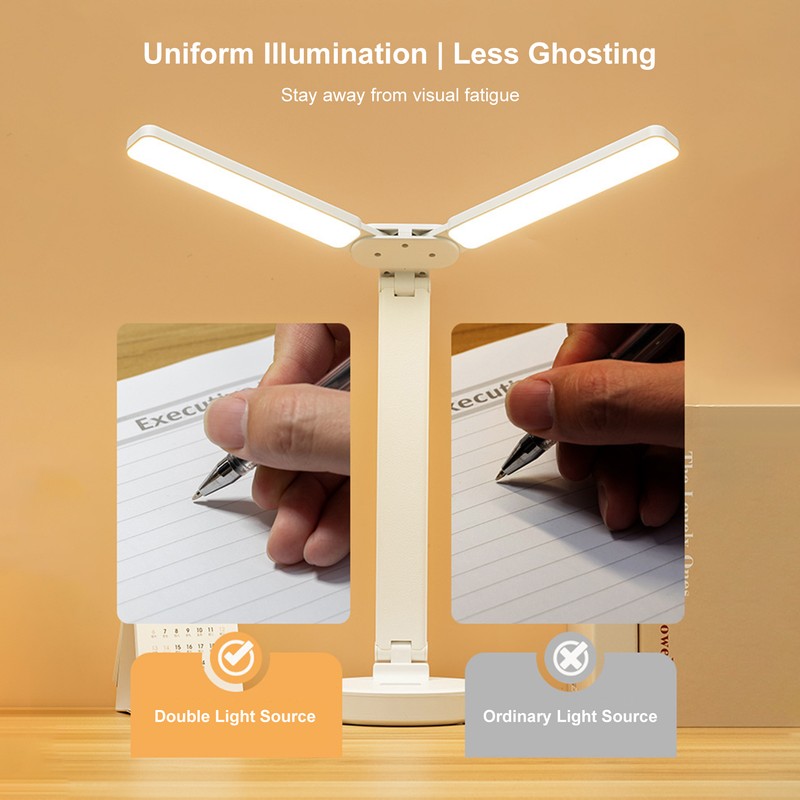 LED Desk Lamp Double Head Folding Brightness Adjustable Eye Caring