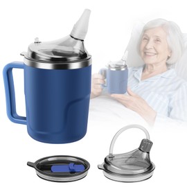 AKIMRABY Adult Sippy Cup, 14 oz Convalescent Feeding Cup with Silicone Spout for Bedridden People, 3 in 1 Spill Proof Stainless Steel Sippy Cups for Elderly Adults Drink Porridge Water Soup