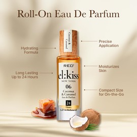 EL:KISS Roll On Perfume, Coconut & Caramel Eau de Parfum 12mL (.40 Fl Oz), Hydrating & Long-Lasting Up to 24 Hours, Alcohol-Free & Mineral Oil-Free, Infused with Jojoba, Argan & Coconut Oil
