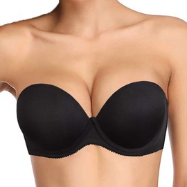 Plusexy Women's Push Up Strapless Bra Thick Padded Underwire Convertible Multiway Bras Black 34C