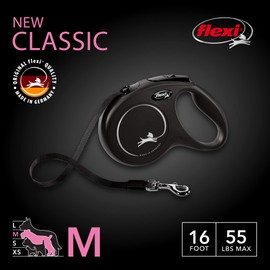 FLEXI FLEXI New Classic Tape Retractable Dog Leash for Medium Dogs Upto 55 lbs. C 16 ft., Black | Tangle Free Pet Walking Leash with One-Handed Brake, Pause, Lock|German Quality Product