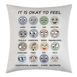 Tihnvk Mental Health Pillow Cover, Cartoon Facial Expression, 18" x 18", Multicolored, Zipper Closure, Decorative Accent for Sofas, Chairs, Beds, Cars; Home Office Decor; Dorm Room Decorations