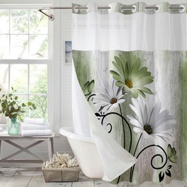 Muuyi Sage Green Watercolor Floral Shower Curtain,No Hook Shower Curtain,Polyester Shower Curtains with Snap in Fabric,Sheer Top Window for Bathroom Decor,Waterproof & Washable,72W x 75L Inch
