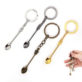 4pcs Mini Crown Spoon Keychain, Pendant Necklace Teaspoon Little Spoon Teaspoon Keyring with King Queen Crown for Filling Sand Salts