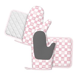 Oven Mitts and Pot Holders Pink Check Bow Pattern Silicone Kitchen Accessories Set of 4 Heat Resistant Long Gloves Potholder Non-Slip Grip for Chef Cooking Baking Grilling BBQ