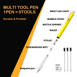 Dad Gifts for Men, Unique Gifts for Men,Multi-Tool Pen Set,Multitool Pen with LED Pen Light, Stylus, Ruler, Level, Bottle Opener, Screwdriver, Ballpoint (Yellow)