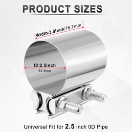GaRhomxy 2.5 "Exhaust Clamp 304 Stainless Steel Heavy-Duty Lap Joint Band Clamp, Used for Mufflers, Catalytic Converters, Exhaust Pipes (1 Pack)