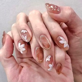 YAOBFFCAS Women's Summer French Coffin Press on Nails, White Flower Design Square Fake Nails, Fashion Glue on False Nails, Gel Press on Nails Medium for Wedding and Party - Light Brown