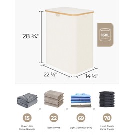 StorageWorks Extra Large Laundry Hamper with Lid, 160L Tall Laundry Basket with Bamboo Handles and 2 Removable Inner Bags, Double Laundry Basket, Laundry Hamper for Clothes, Towels, Beige, 1-Pack