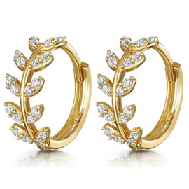 SAINT RAPHAËL Crystal Leaf Huggie Earrings for Women, 18k Gold Plated Small Hoops, Cartilage Earrings, Hypoallergenic (Gold)