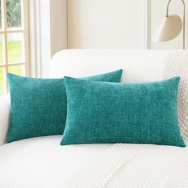 CaliTime Pack of 2 Cozy Throw Pillow Covers Cases for Couch Sofa Home Decoration Solid Dyed Soft Chenille 12 X 20 Inches Teal