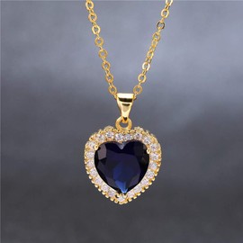 HMOOY Titanic Heart of the Ocean Necklace, Blue Love Pendant Necklace Ruby Heart Gemstone Pendant Necklace Heart of the Ocean White Gold-Plated Cubic Zirconia Necklace Fashion Jewellery for Women