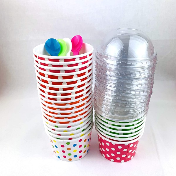 Worlds Paper Ice Cream Cups With Dome Lids No Hole And Plastic Spoons, Polka Dot 4oz Mix 25 Set