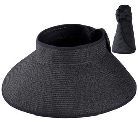 Straw Sun Visors Womens, Ponytail Beach Straw Visor, Packable Summer Sun Hats for Women Travel (CA/US, Alpha, One Size, Black)