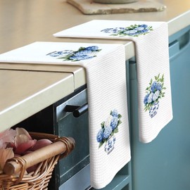 shiviody Chinoiserie Floral Kitchen Towels - Blue and White Porcelain Dish Towels, Hydrangea Floral Decorative Absorbent Dishcloths Hand Towels Set of 2 for Bathroom Decor 16x24 Inches