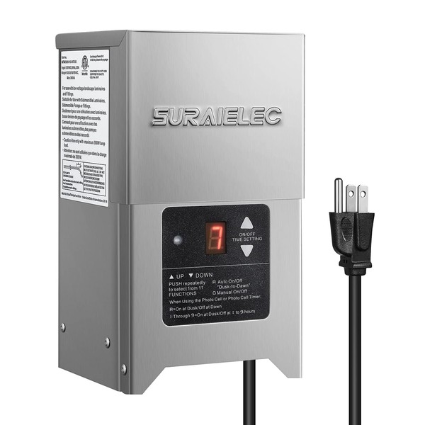 Suraielec Low Voltage Landscape Transformer, 300W Outdoor Light Transformer with Timer and Photocell Sensor, 120V to 12V 15V AC Multi Tap, Waterproof Power Supply, Stainless Steel Housing, ETL Listed