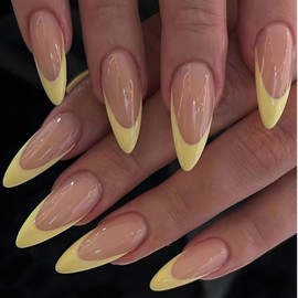 Almond Press on Nails Medium - 24Pcs French Tip Yellow Nude False Nails - Oval Fresh Fake Nail with Glue - Full Cover Summer Nail Removable Acrylic Stick On Nail for Women Nail Art Manicure Decoration