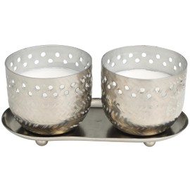Deco 79 Metal Decorative Candle White Sage Scented Cutout Spotted 7 oz 1 Wick Aromatherapy Candle with White Wax, Set of 2 Wax Aromatherapy Candle 8" W, 4" H, Silver