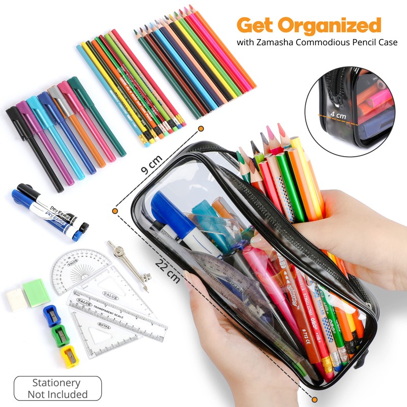 Zamasha Clear Pencil Case Black with Strong Zipper | 22x4x9