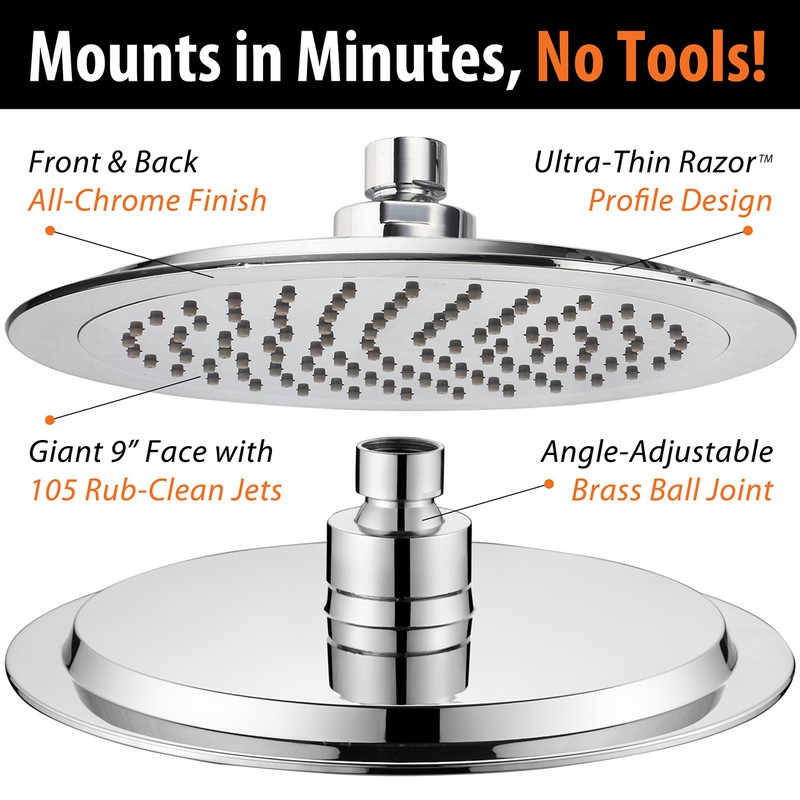 AquaSpa 9-inch Round Rain Shower Head (180 degrees Adjustable) PLUS