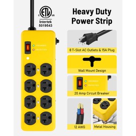 KeBen 20A Heavy Duty Power Strip Surge Protector,Yellow,12 Gauge,8AC/10FT