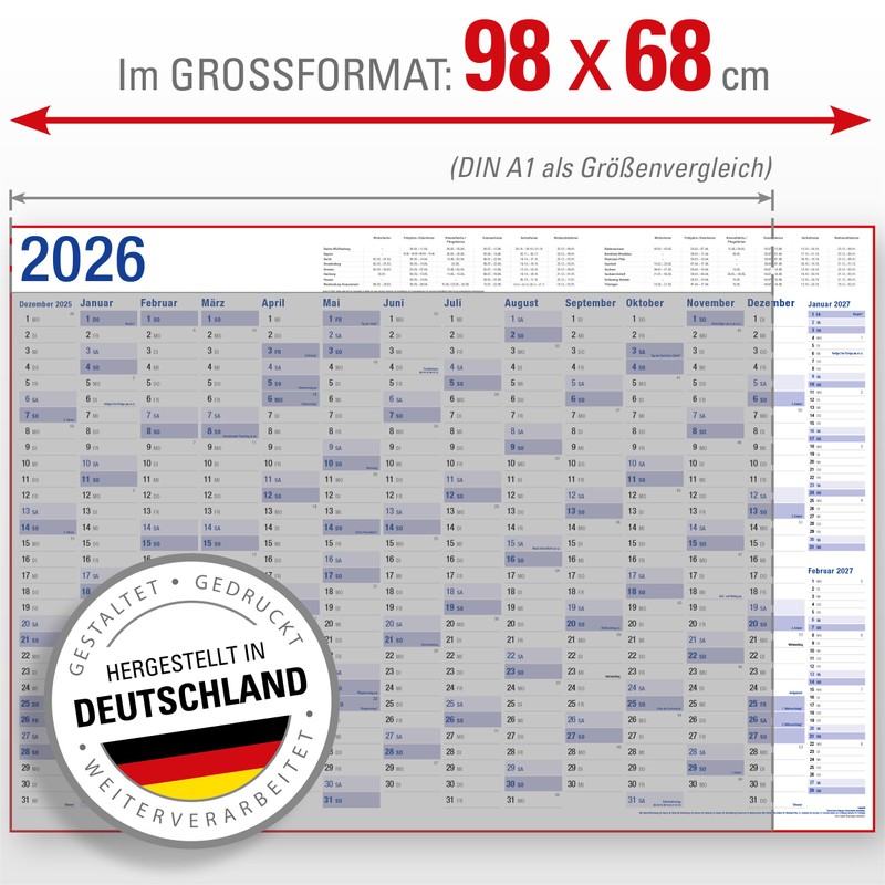 Yohmoe® XXL Wall Calendar 2026 Large (98 x 68 cm)