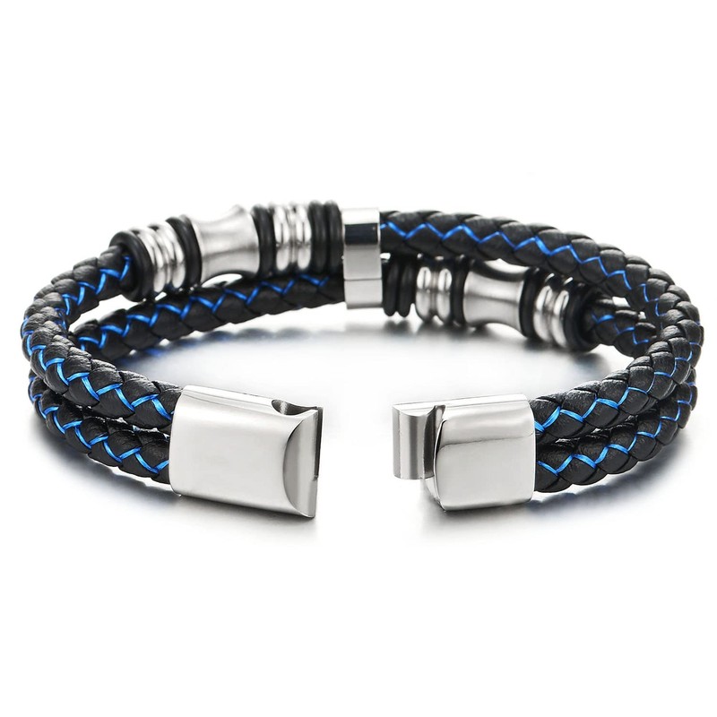 COOLSTEELANDBEYOND COOLSTEELANDBEYOND Mens Double-Row Black Blue Braided Leather Bracelet Bangle