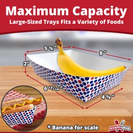 Heavy Duty, Grease Resistant 3 Lb Paper Food Trays 50 Pack. High Capacity Durable Boats. Blue and Red Polka Dot Disposable Plates. Paperboard Basket for Festival, Carnival and Concession Stand Treats