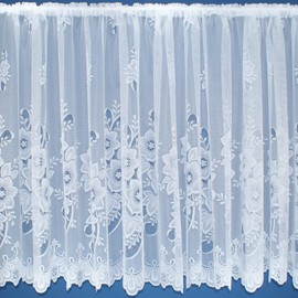 White Floral Contemporary Window Lace Net Curtain With Scalloped Bottom. 54inch (137cm) drop. Sold by the metre by Kelly's Soft Furnishings