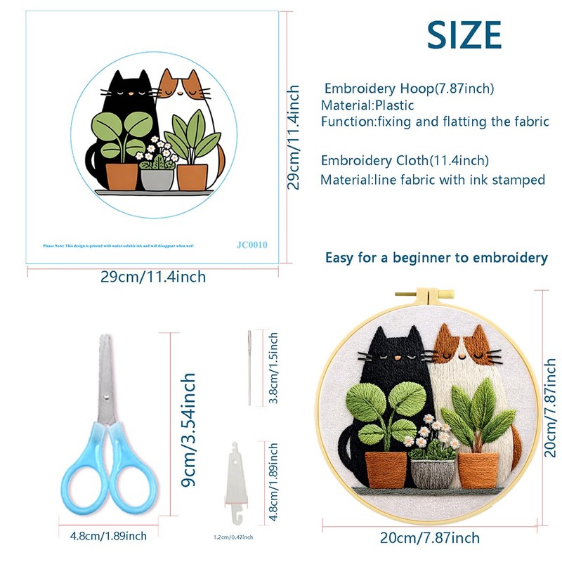 Zhenqing Cats and Potted Plants Embroidery Kit for Beginners, Pre-Printed