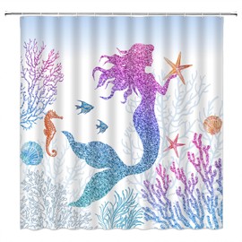 ZNLSU Mermaid Shower Curtain Blue Pink Glitter Mermaid Scales Fish Coral Seahorse Cute Cartoon Girls 70" WX70 H Bathroom Decor Fabric Curtain with Hooks