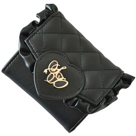 SecretDoor Trifold Wallet, Mini Wallet, Small, Card, Box Coin, Bill Holder, Ribbon, One Color, Heart, Quilting, Allover Pattern, Logo Ruffle, Black