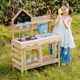 ROBUD Wooden Outdoor Play Kitchen for Kids – Mud Kitchen Playset with Refillable Water Tank, 2 Pots, 3 Garden Tools, 2 Planting Cups & House Chalkboard, Backyard Role Play