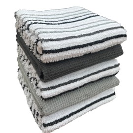 Olivia Rocco 5 Pack Striped Kitchen Tea Towels Cotton Super Absorbent Quick Drying Soft Ribbed Waffle Pot Towel, Silver