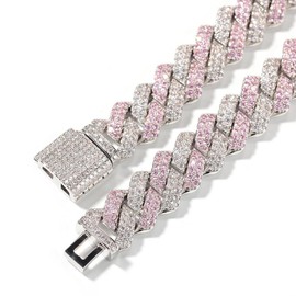 Sliver Pink Dog Chain Collars for Medium Dogs, Bling Dog Necklace Female Rhinestone Diamond Glitter Sparkly Jewelry Metal Cuban Link Dog Collars for Small Medium Large Girl Pet 18 Inch