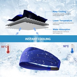 Sukeen Cooling Sports Headbands for Men 6 Pack: Instant Cooling Moisture Wicking Sweatbands Non-Slip, Quick-Dry Elastic Mens Headband for Gym Running Tennis Workout, Black/Dark Gray/Gray/Royal Blue