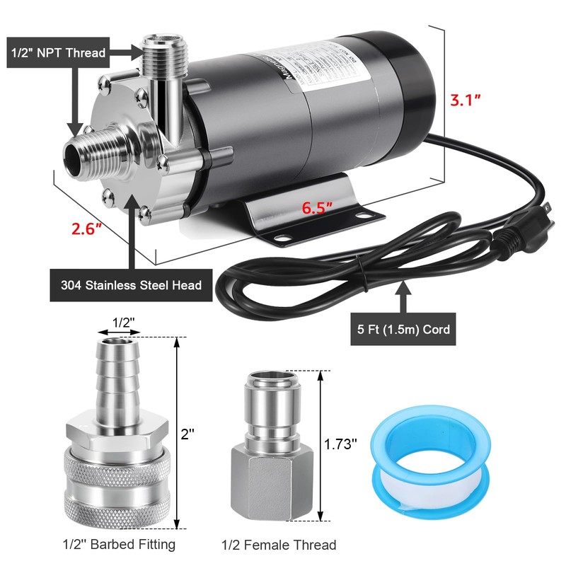 FERRODAY Wort Brewing Pump, Stainless Steel Head Food Grade Homebrew