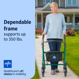 Medline Standard Steel Folding Rollator Walker with 8" Wheels, Supports up to 350 lbs, Green