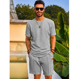 JMIERR Men's Tracksuit 2 Piece Beach Pajamas Cruise Sets Short Sleeve Beach T-Shirts and Shorts Sleepwear Loungewear with Pockets, S, Grey