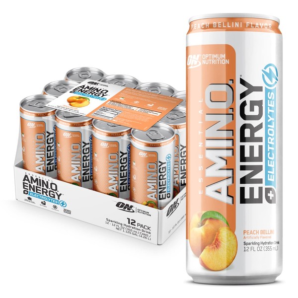 Optimum Nutrition Amino Energy Drink + Electrolytes for Hydration - Sugar Free, Amino Acids, BCAA, Keto Friendly, Sparkling Drink - Peach Bellini, Pack of 12 (Packaging May Vary)