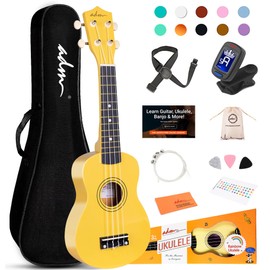 ADM Ukulele for Beginners Hawaiian Wood Ukelele Kit for Kids Adult Student Starter Professional Ukalelee Pack Bundle with Free Lessons Gig Bag Strap Nylon String Tuner (Baby Yellow, 21 Inch)