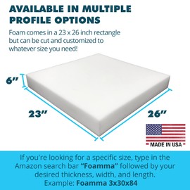 Foamma 6" x 23" x 26" High Density Upholstery Foam Padding, Thick-Custom Pillow, Chair, and Couch Cushion Replacement Foam, Craft Foam Upholstery Supplies, Foam Pad for Cushions and Seat Repair